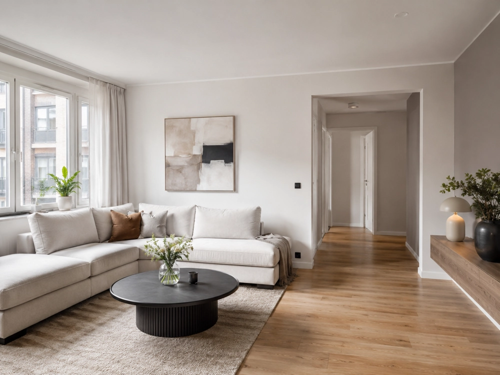 Lys moderne stue med hvid hjørnesofa, sort rundt sofabord og egetræsgulv efter lejlighed renovering