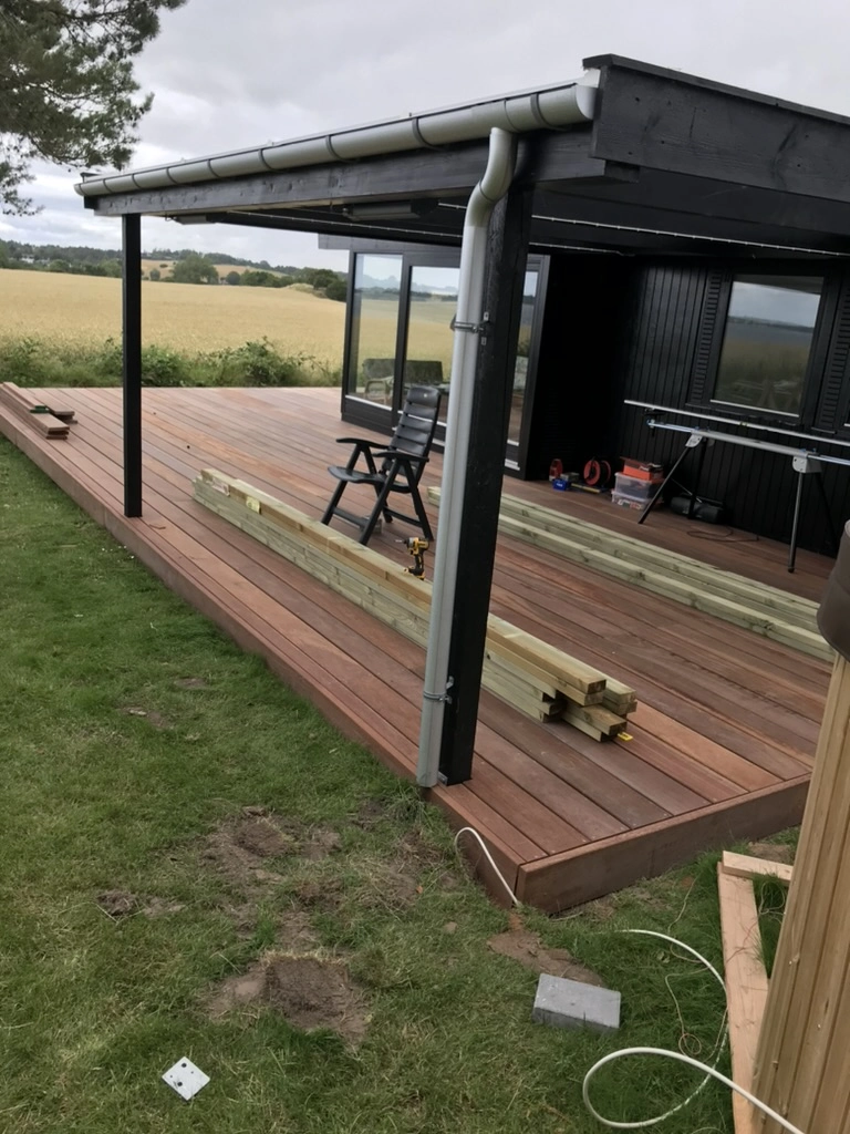 Ny Træterrasse med tag ved sort hus, tømrerredskaber og materialer synlige