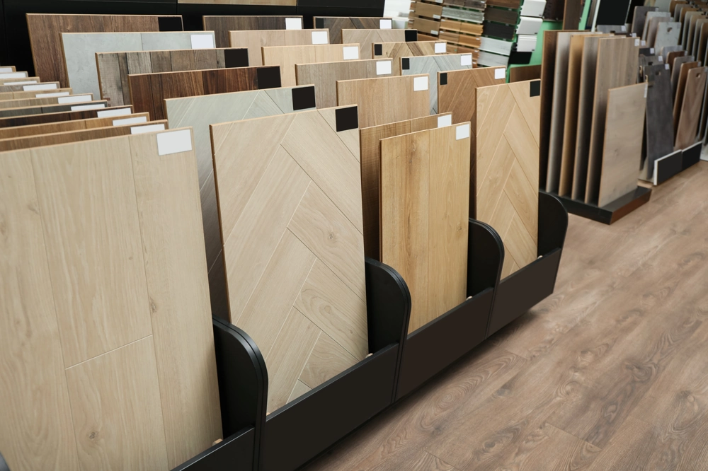 Display med træplankeprøver til gulvlægning i showroom